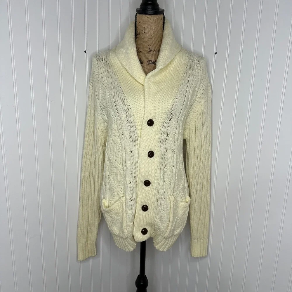 Vintage Unicorn Cable Knit Cardigan Sweater Cream Shawl Collar Fisherman Sz M